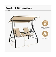 2-Seat Outdoor Cushioned Porch Swing with Adjustable Canopy and Tempered Glass Table