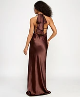 Katia Rae Juniors' Satin Cowl-Neck Halter Gown