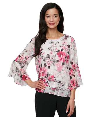 Alex Evenings Women's Chiffon Printed Bell-Sleeve Blouse