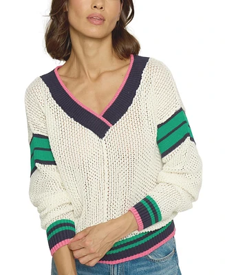 Central Park West Women's Varsity Stripe Mesh Sweater
