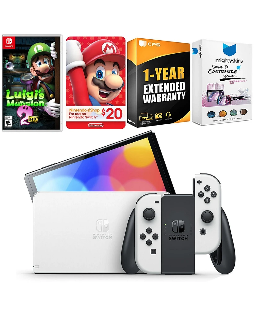 Nintendo Switch White Oled Console with Luigi s Mansion 2 Hd, Nintendo $20 eShop Gift Card, MightySkins Console and Controller Skin Voucher
