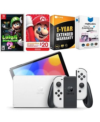 Nintendo Switch White Oled Console with Luigi s Mansion 2 Hd, Nintendo $20 eShop Gift Card, MightySkins Console and Controller Skin Voucher