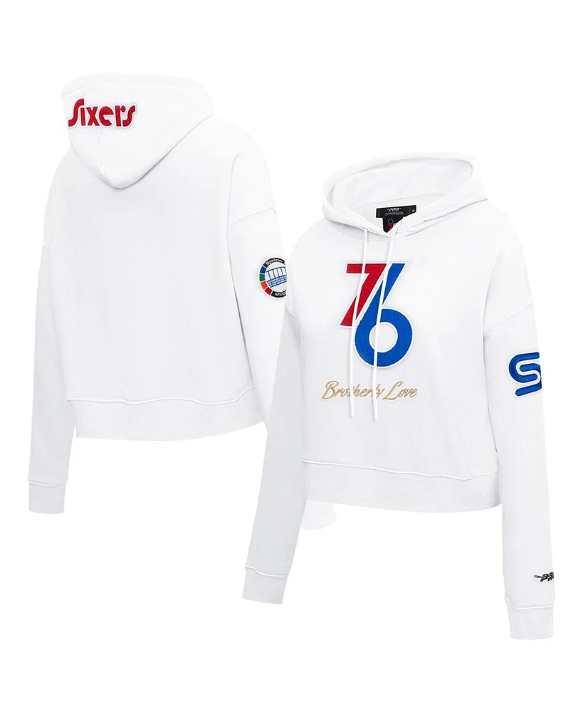Pro Standard Women's White Philadelphia 76ers 2024/25 City Edition Chenille Applique Cropped Pullover Hoodie