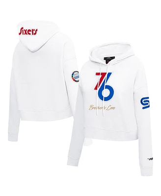 Pro Standard Women's White Philadelphia 76ers 2024/25 City Edition Chenille Applique Cropped Pullover Hoodie