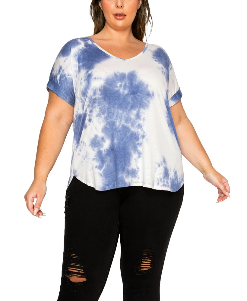 Coin 1804 Plus Tie Dye V-Neck Rolled Sleeve Dolman T-Shirt