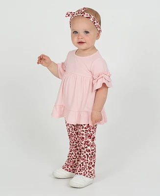 Rare Editions Baby Girls 3-Piece Ruffle Top, Leopard Flare Pants and Headband Set