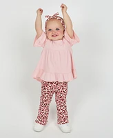 Rare Editions Baby Girls 3-Piece Ruffle Top, Leopard Flare Pants and Headband Set