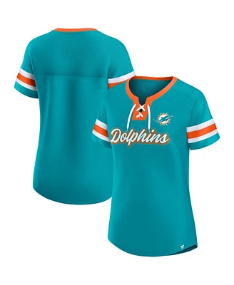 Fanatics Women's Aqua Miami Dolphins True Catch Iconic Rhinestone Bling Athena Lace-Up T-Shirt