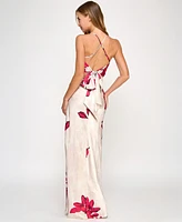 Seni & Cade Juniors' Floral-Print Satin Spaghetti-Strap Gown