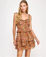 City Studios Juniors' Floral-Print Tiered Tie-Strap Dress