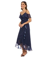London Times Women's Printed Cold-Shoulder Ruffled Midi Dress