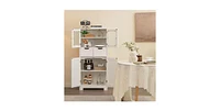 4 Door Freestanding Bathroom Floor Storage Cabinet with 2 Drawers and Glass Doors