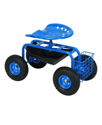 Garden Cart Rolling Work Seat With Heavy Duty Tool Tray Gardening Planting