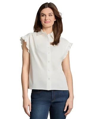 Jones New York Petite Drop Shoulder Button Front Top