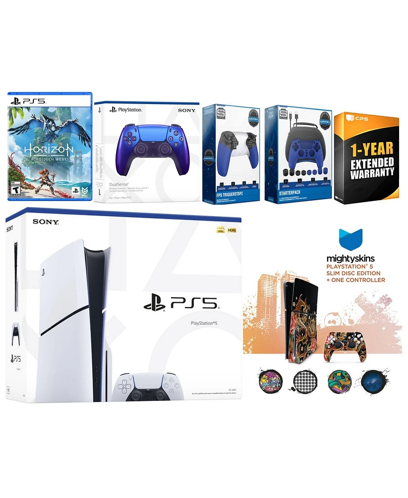 Sony Playstation 5 Slim Disc with Horizon Forbidden West, Extra Volcanic Red Controller, Gamer Kit, Trigger Kit and MightySkins Decal Voucher + 1 Year