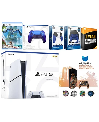 Sony Playstation 5 Slim Disc with Horizon Forbidden West, Extra Volcanic Red Controller, Gamer Kit, Trigger Kit and MightySkins Decal Voucher + 1 Year