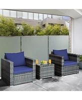 Gymax 3PCS Rattan Patio Conversation Furniture Set Outdoor Yard w/ Navy Cushion