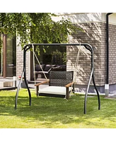 Gymax Rattan Porch Swing Patio Wicker Single Hanging Seat w/ Seat Cushion & Acacia Wood Armrests