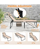 Gymax Patio Folding Chaise Lounge Portable Lay Flat Reclining Chair w/ 4-Level Backrest Side Pocket
