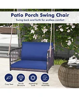 Gymax Patio Rattan Porch Swing Single Person Hanging Seat w/ Seat & Back Cushions Backyard