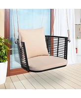 Gymax Outdoor Metal Porch Swing Single Person Hanging Seat w/ Woven Rattan Backrest Porch Backyard