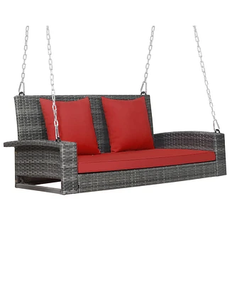Gymax 2-Person Patio Hanging Porch Swing Rattan 800LBS Bench w/ Cushions