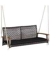 Gymax 2-Seat Rattan Porch Swing Chair Outdoor Wicker Bench W/ Seat Cushion Red