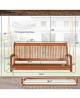 Gymax 2-Seat Patio Hanging Wooden Porch Swing Bench w/ Cushion & Hanging Ropes