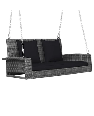 Gymax 2-Person Patio Hanging Porch Swing Rattan 800LBS Bench w/ Cushions