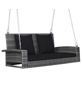 Gymax 2-Person Patio Hanging Porch Swing Rattan 800LBS Bench w/ Cushions