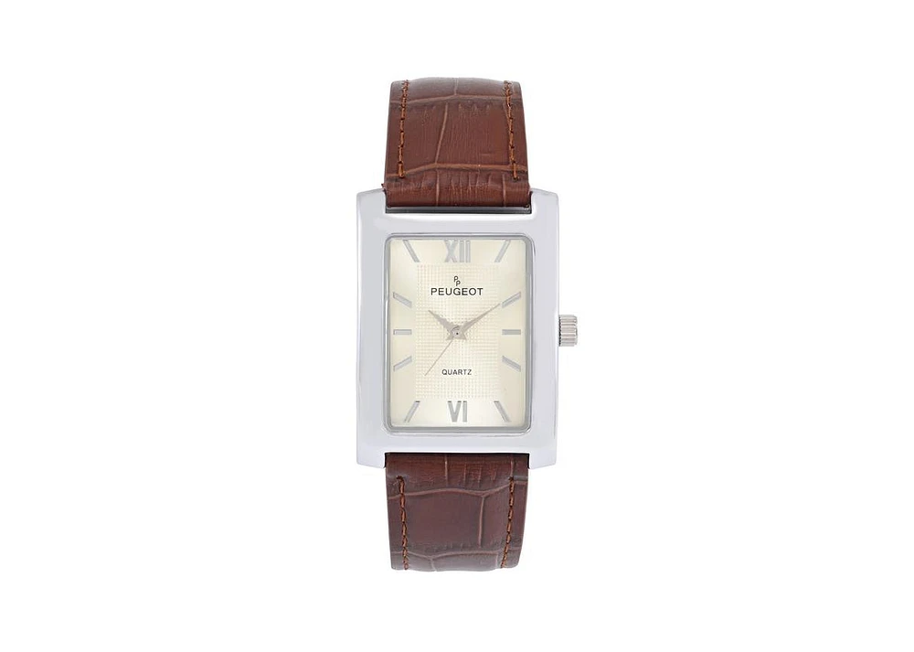 Peugeot Men's 30X40mm Silver Tank Shape Watch with Textured Dial Brown Leather Strap