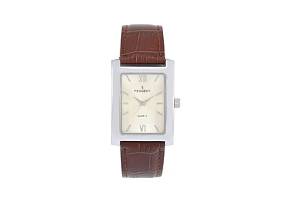 Peugeot Men's 30X40mm Silver Tank Shape Watch with Textured Dial Brown Leather Strap