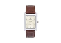 Peugeot Men's 30X40mm Silver Tank Shape Watch with Textured Dial Brown Leather Strap