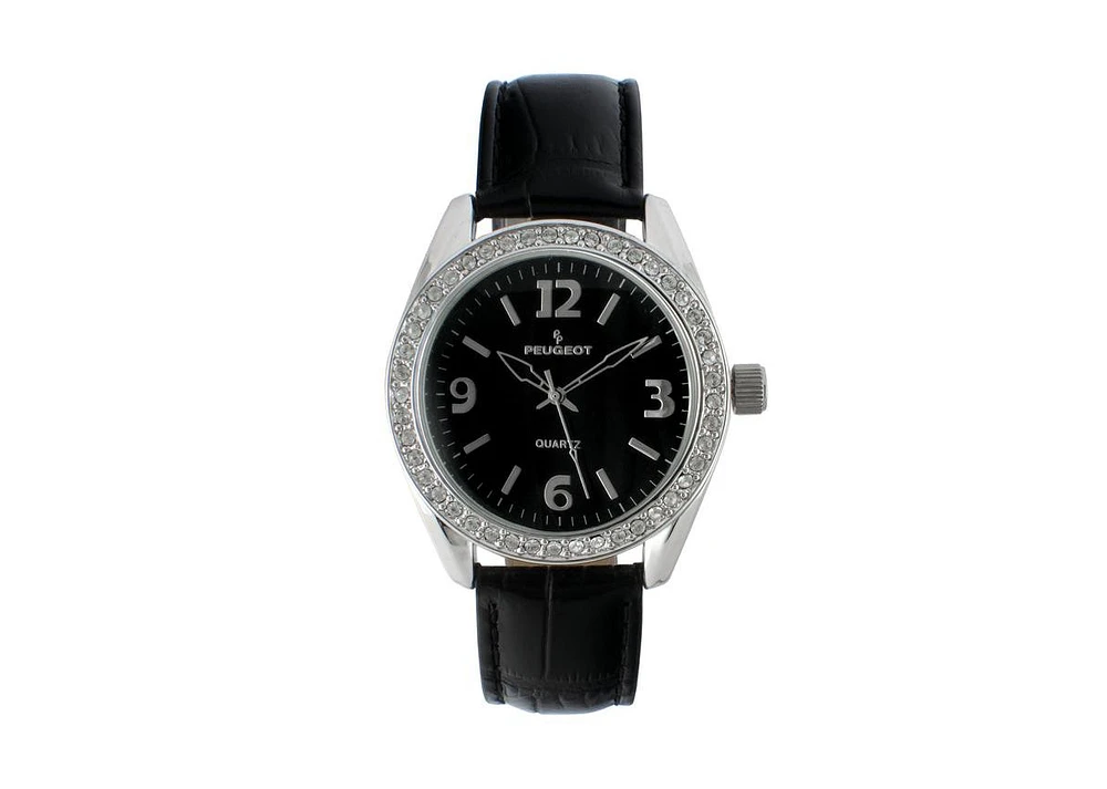 Peugeot Women's Black Watch 40mm Bold Crystal Bezel Leather Strap