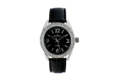 Peugeot Women's Black Watch 40mm Bold Crystal Bezel Leather Strap