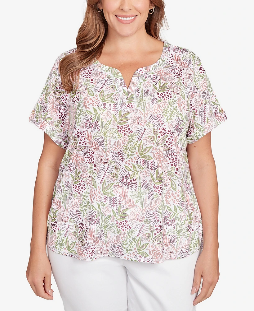 Hearts Of Palm Plus Embellished Garden Print Slub Top