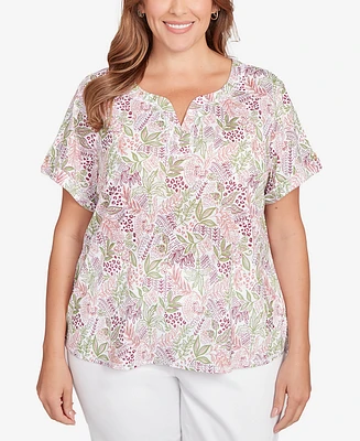 Hearts Of Palm Plus Embellished Garden Print Slub Top