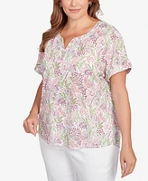 Hearts Of Palm Plus Embellished Garden Print Slub Top