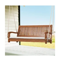 2-Person Hanging Porch Swing Wood Bench with Cushion Curved Back