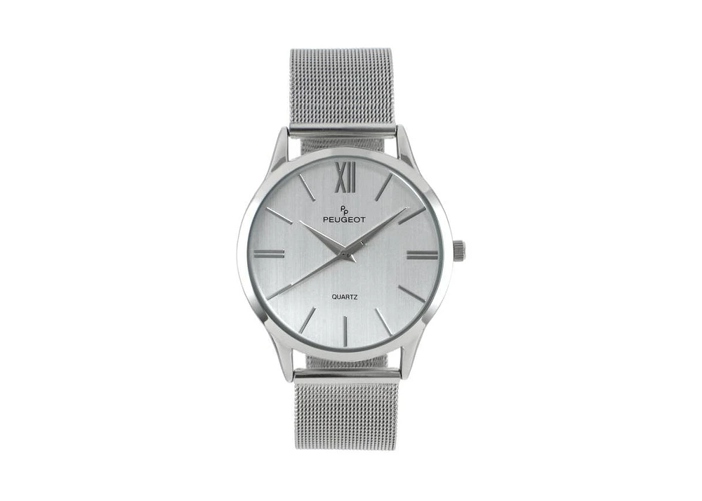 Peugeot Men's 40mm Silver Dial Slim Case Stainless Steel Mesh Watch