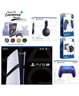 Sony Playstation 5 Pro Bundle with Black Pulse Headset, Extra Controller, Trigger Stop Kit, Dual Charge Dock and MightySkins Decal Voucher