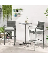 Set of 2 Patio Barstools – Wicker Outdoor Chairs with Cushions & Armrests