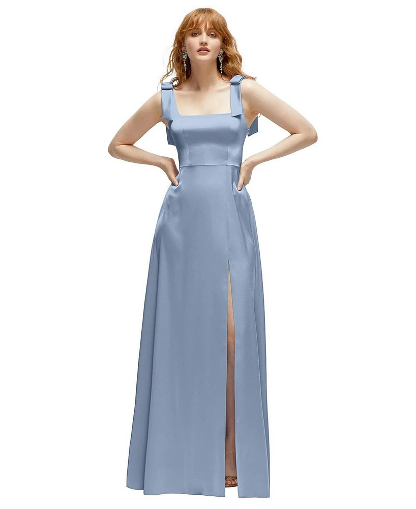 After Six Women's Square Neck Fluid Satin Maxi Dress with Bow Straps