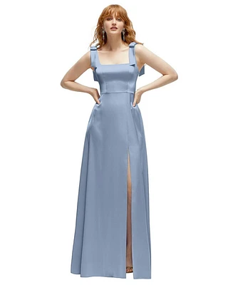 After Six Women's Square Neck Fluid Satin Maxi Dress with Bow Straps