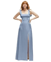 After Six Women's Square Neck Fluid Satin Maxi Dress with Bow Straps