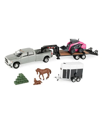 Ertl 1/32 Case SV340B Skid Steer on Flatbed Trailer with Ram Pickup & Accessories