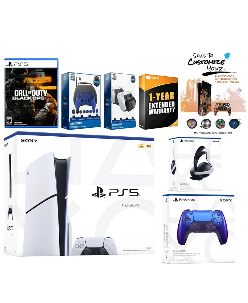 Sony Playstation 5 Slim Disc PS5 with Call of Duty: Black Ops 6, Volcanic Red Controller, Pulse Elite Headset, Gamer Starter Pack, Charge Dock and Mig