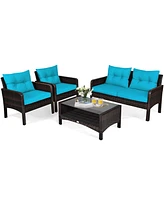 Gymax 4PCS Rattan Patio Furniture Conversation Set Cushioned Outdoor Furniture Set
