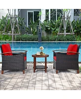 Gymax 3PCS Patio Wicker Rattan Conversation Set Outdoor Furniture Set w/ Red Cushion