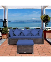 Gymax 4PCS Rattan Patio Conversation Furniture Set Yard Outdoor w/ Navy Cushion